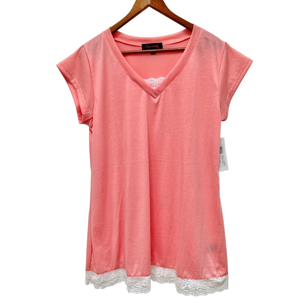 NWT Dynabelly Coral Pink V-Neck Lace Trim Blouse Short Sleeve Womens XL‎